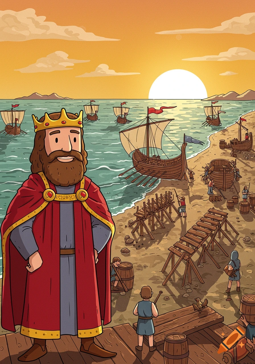 A cartoon King Alfred the Great stands on a pier, overseeing shipbuilding on a beach filled with ships at sunset.