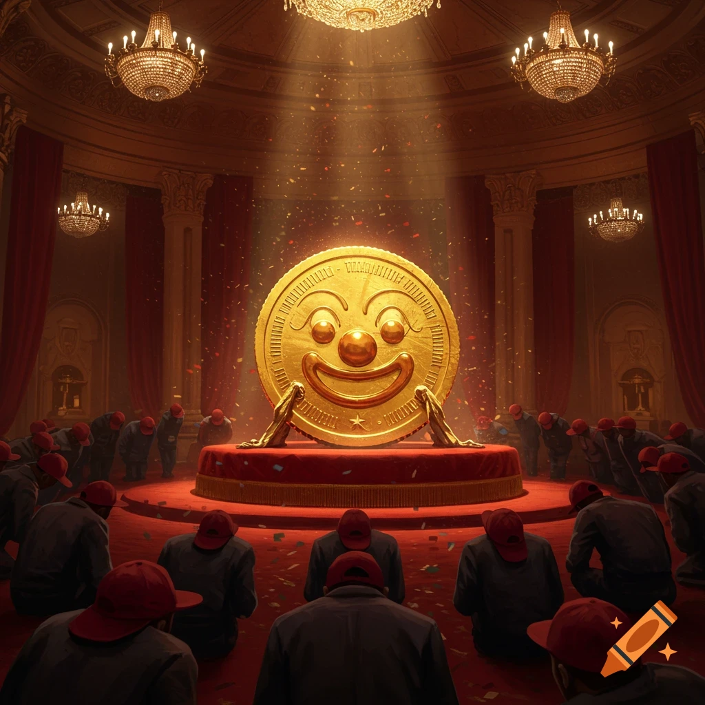 A massive golden coin with a clown face sits on a red velvet pedestal in a grand, opulent hall. Numerous figures in dark clothing and red baseball caps are bowing down to the coin, surrounded by confetti falling from chandeliers.