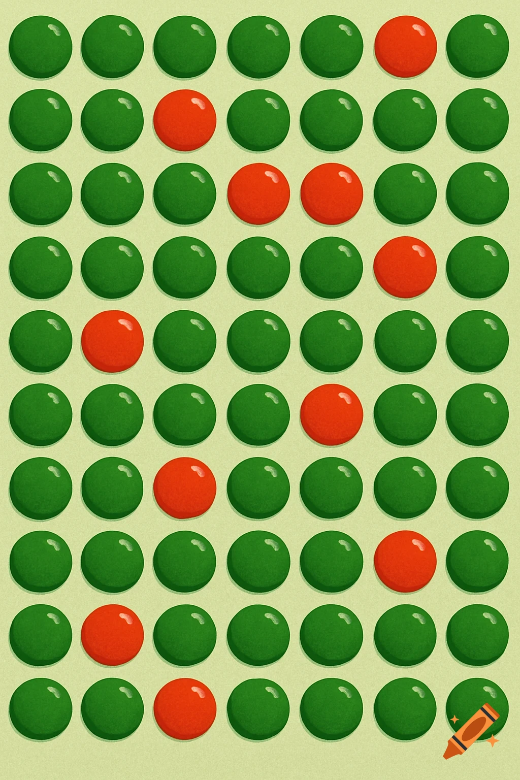A 10x10 grid of 100 circles, with 10 randomly placed red circles among 90 green circles on a light green background.