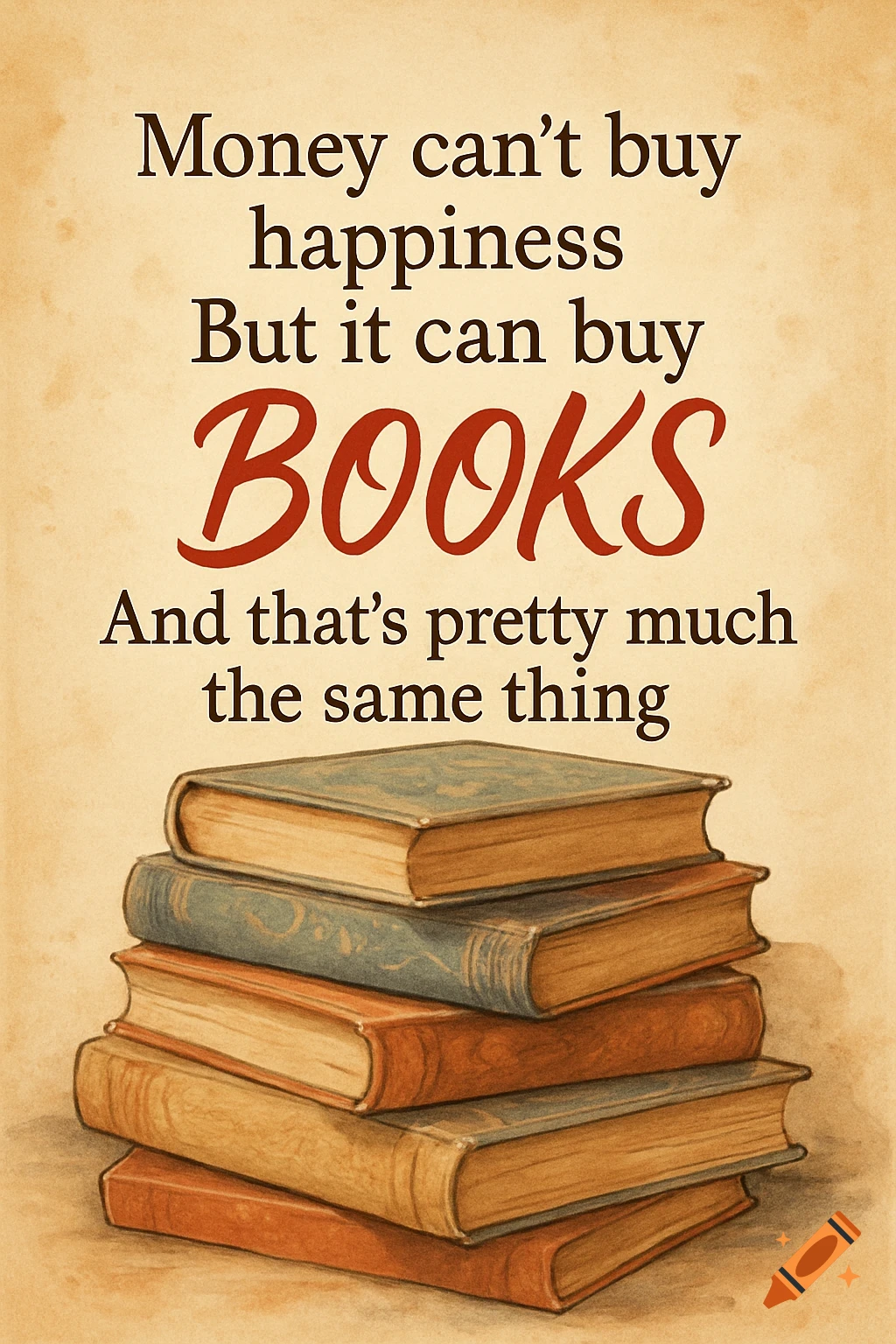 A stack of old books with the quote 'Money can't buy happiness But it can buy BOOKS And that's pretty much the same thing' above them, on a vintage paper background.