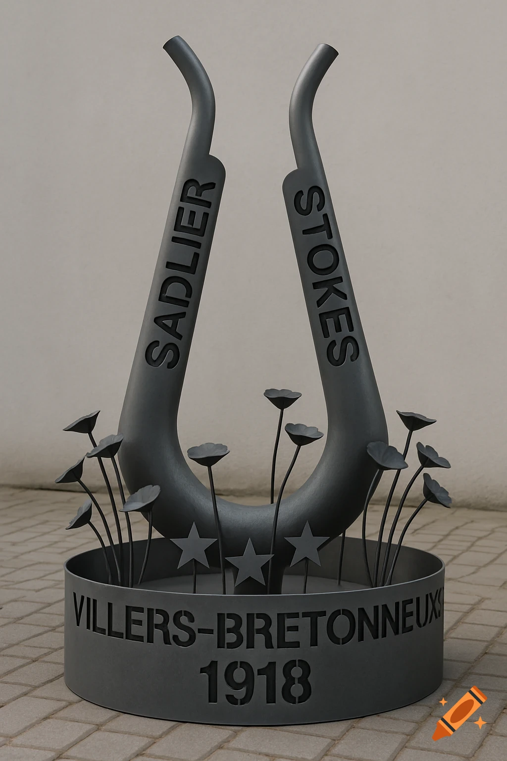 Dark gray metal sculpture featuring two tall, bent pipes inscribed 'SADLIER' and 'STOKES', a circular base with 'VILLERS-BRETONNEUX 1918' and metallic poppies.