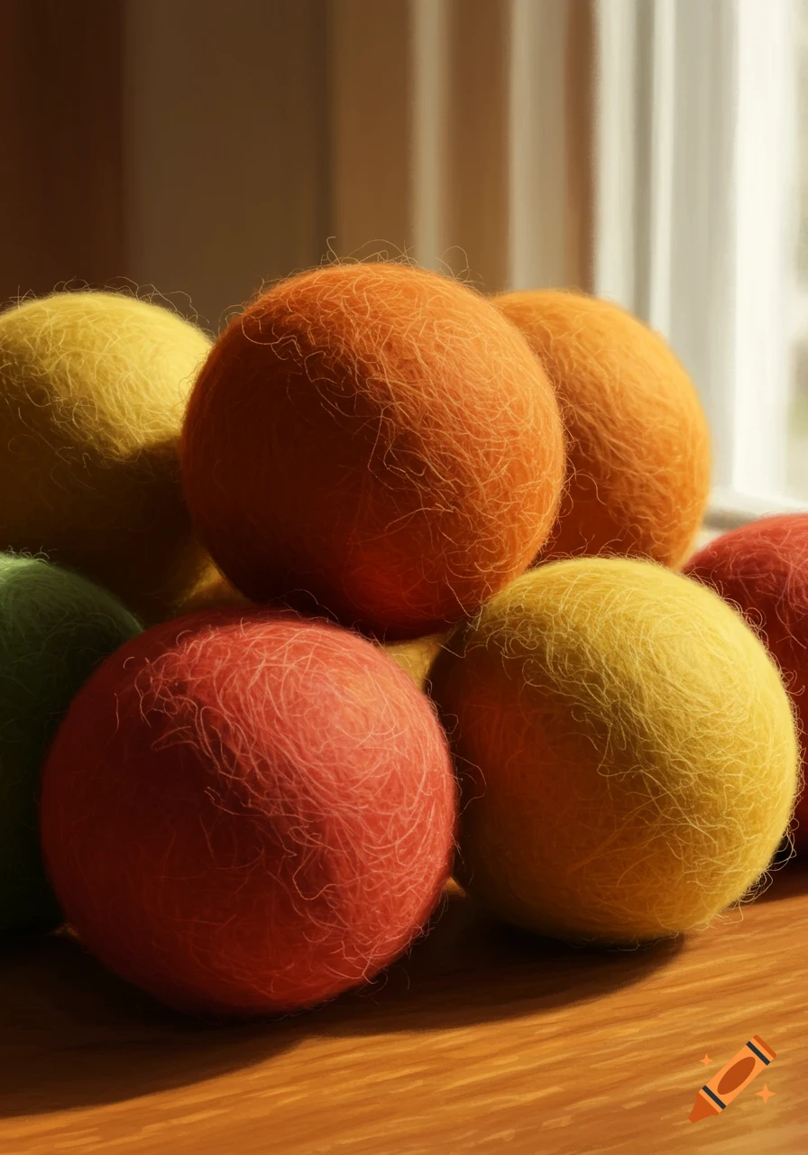 A close-up of colorful, fuzzy wool dryer balls in shades of red, orange, and yellow, on a wooden surface with soft window light.