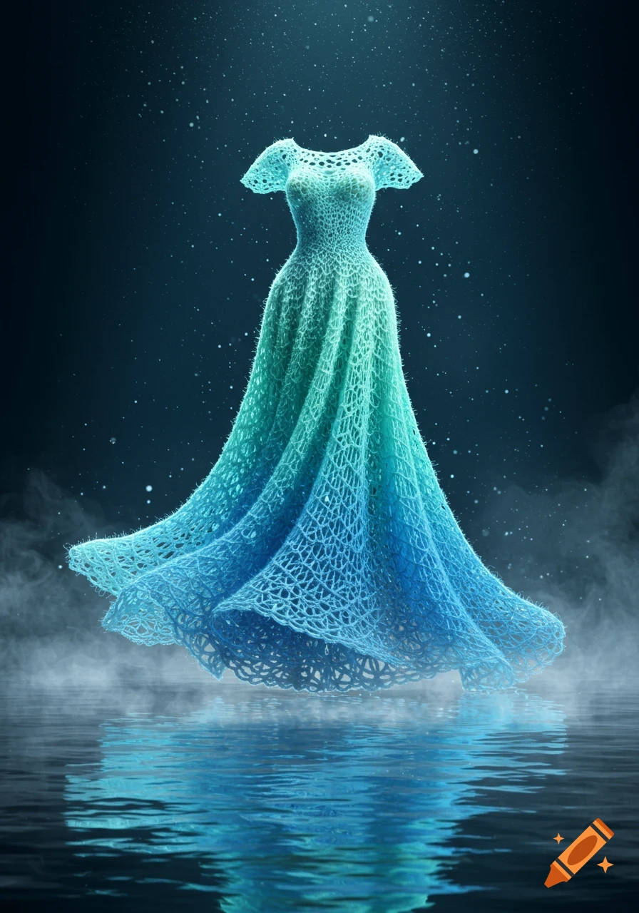 A flowing, ombre blue and green crochet dress floats above reflective water with mist and sparkling particles in a dark, ethereal setting.