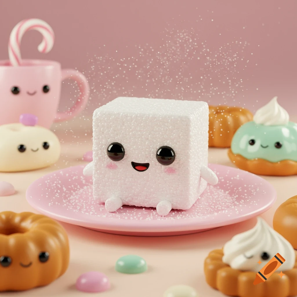 A cute, smiling sugar cube character on a pink plate with falling sugar, surrounded by other smiling pastel pastries and candies in a 3D rendered style.