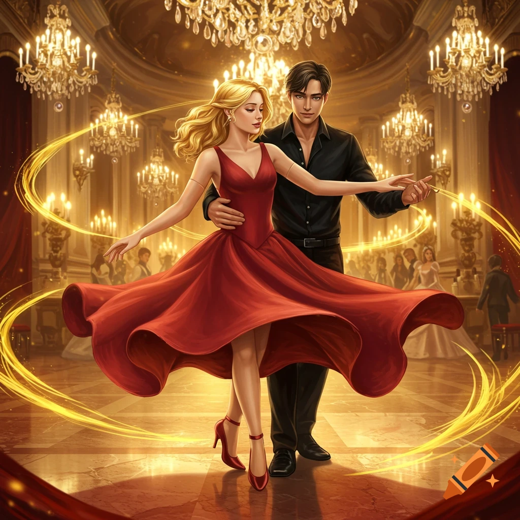 A man and woman in formal attire dancing elegantly in a grand ballroom under chandeliers, with golden light trails.