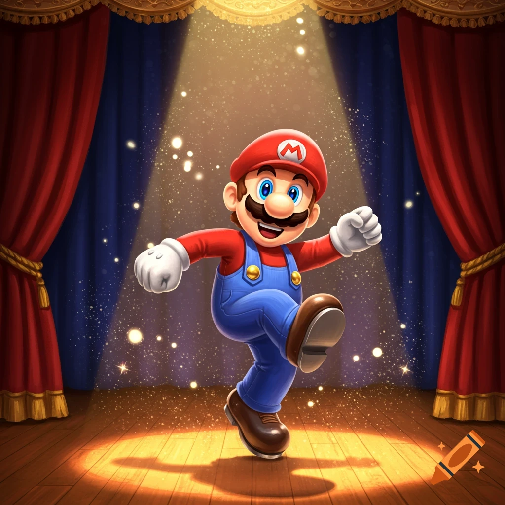 Cartoon Mario tap dancing on a spotlighted wooden stage with red and blue curtains, surrounded by golden sparkles.