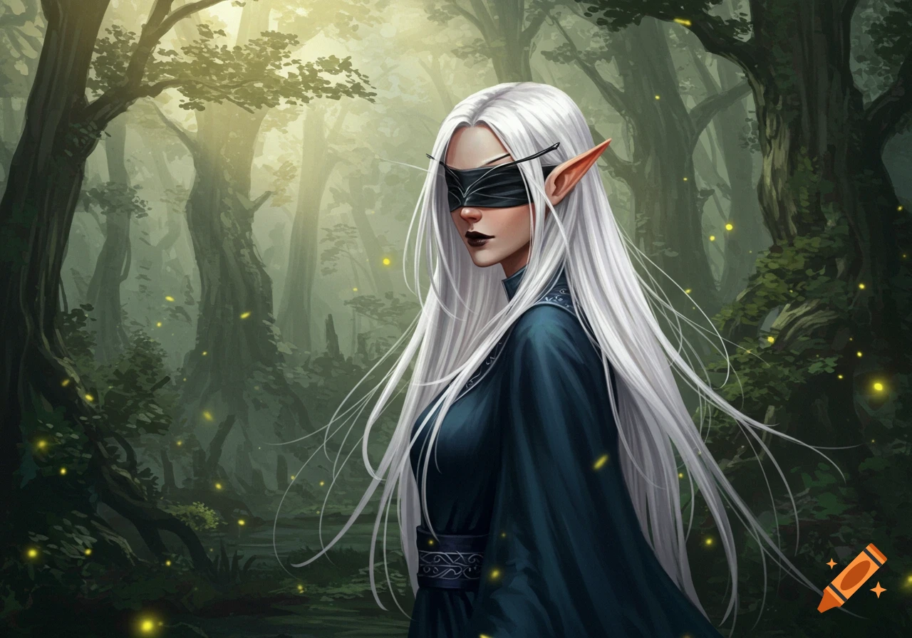 A white-haired elf with a black blindfold and pointed ears stands in a ...