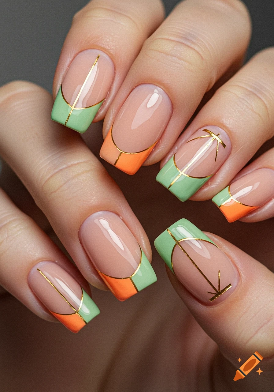Close-up of manicured nails with nude base, alternating orange and mint green French tips, and delicate gold geometric lines.