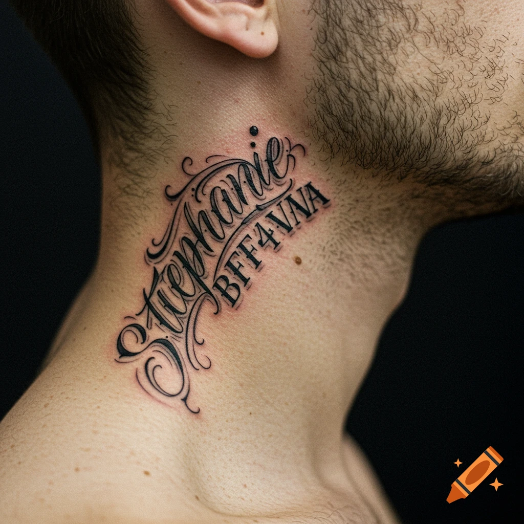 A photorealistic close-up of a man's neck with a black script tattoo that reads "Stephanie BFF4EVA".