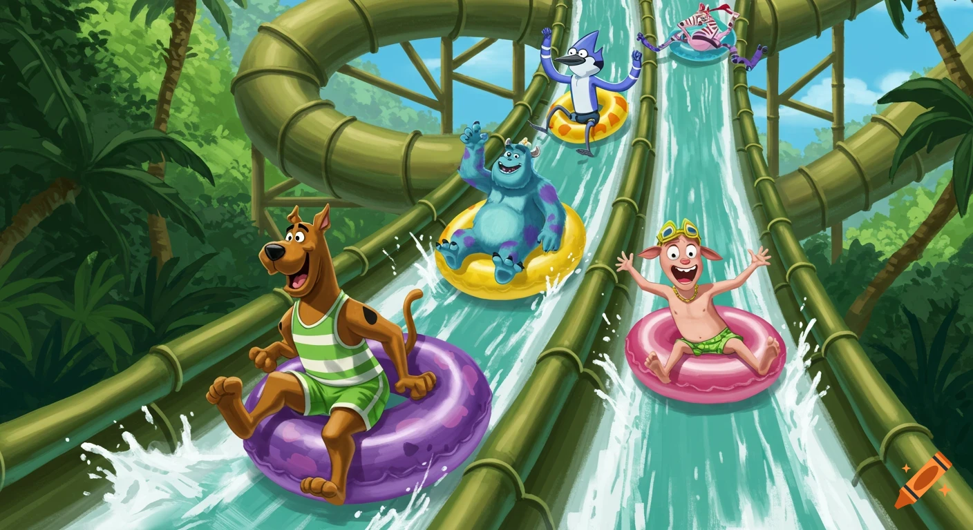 Scooby-Doo, Sully, Mordecai, and other cartoon characters slide down a vibrant bamboo waterslide in a lush jungle.