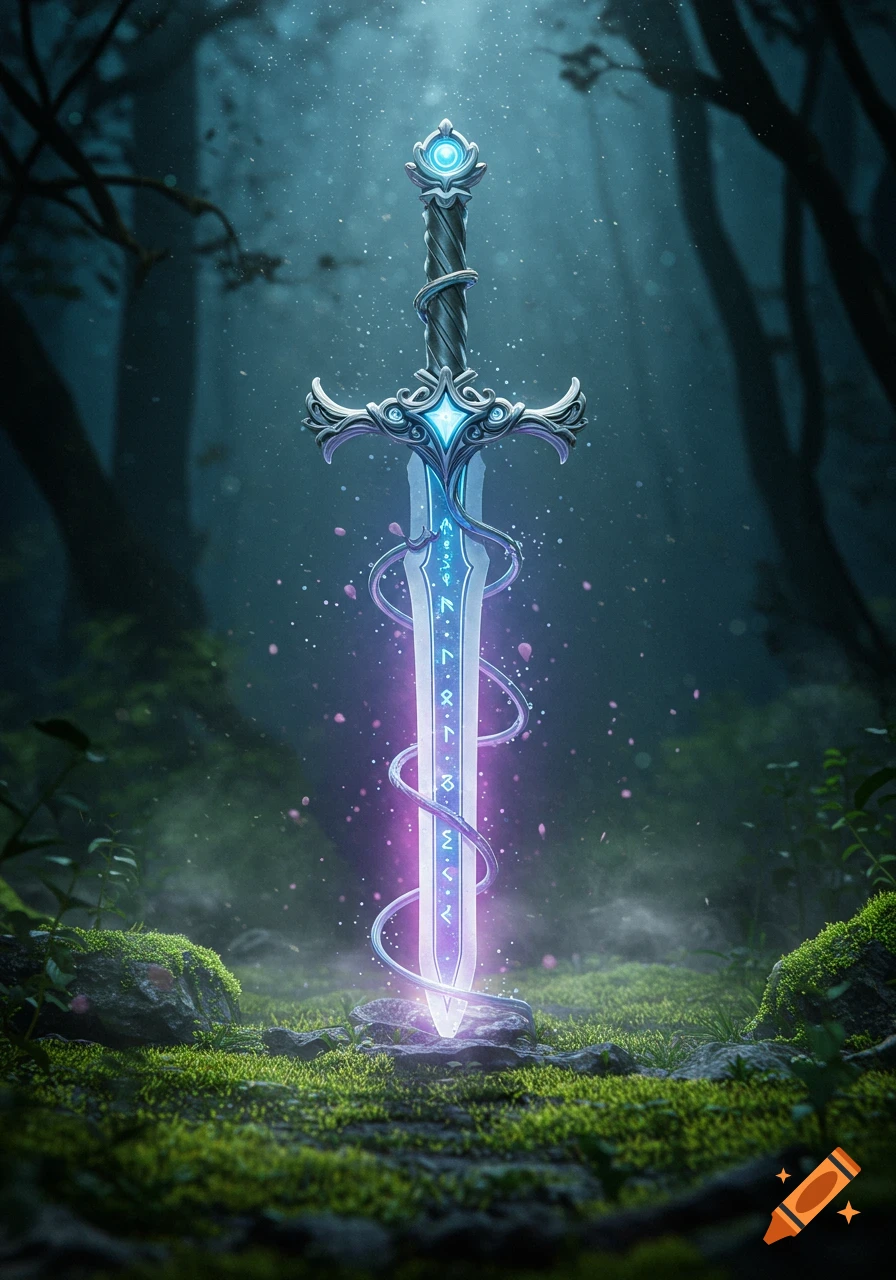 An ornate, glowing magical sword with blue and purple energy stands upright in mossy ground within a dark, enchanted forest.