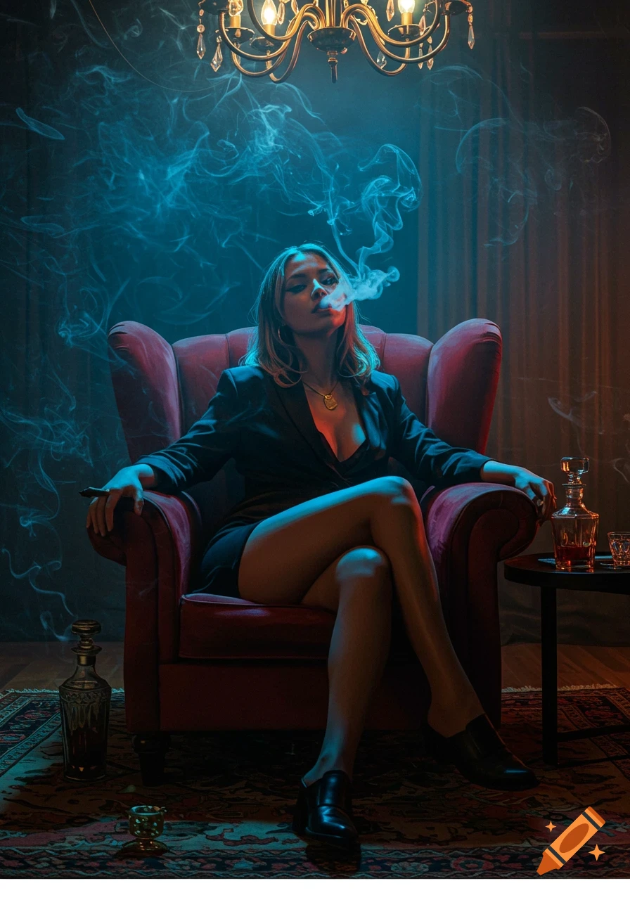 A woman in a black jacket sits in a red armchair, smoking a cigar, with blue smoke around her in a moody, dimly lit room.