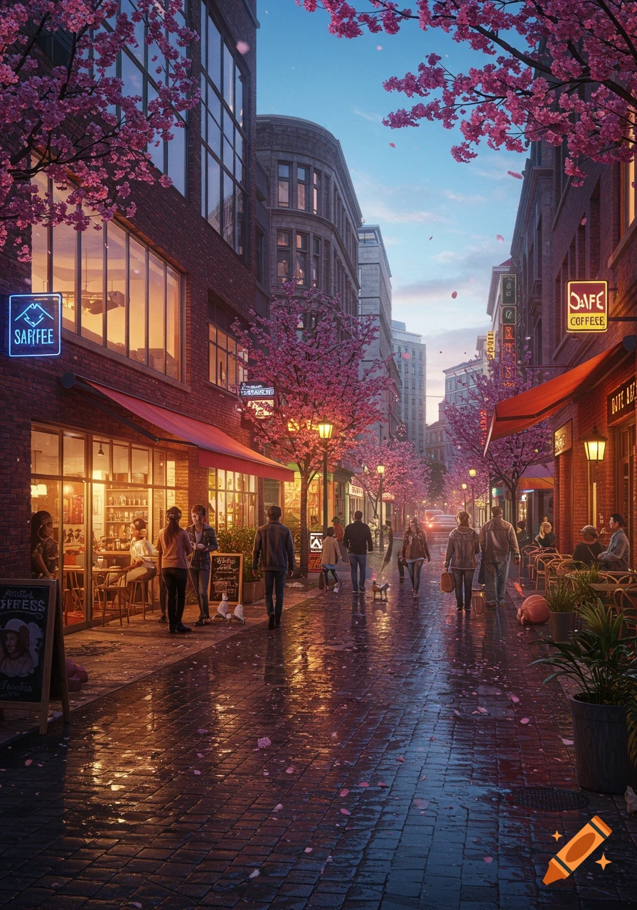 A vibrant city street at dusk, lined with cafes and cherry blossom trees, with people walking on the wet cobblestones.