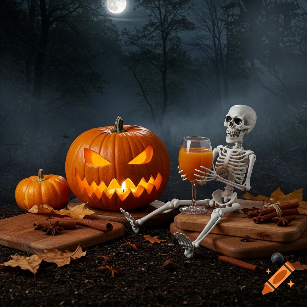 A photorealistic jack-o'-lantern and a skeleton holding pumpkin juice in a spooky forest at night under a full moon, with autumn leaves and spices.