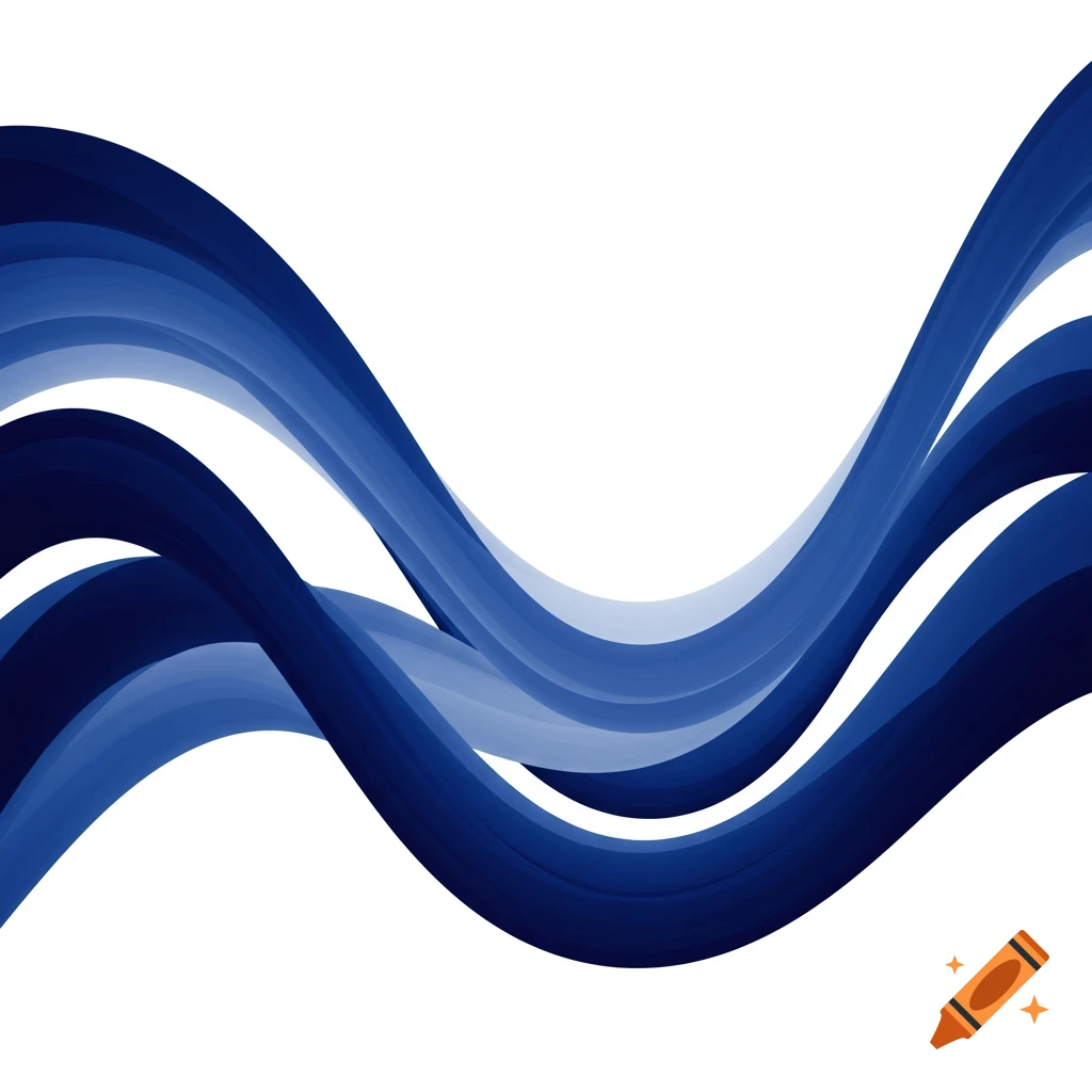 Flowing abstract blue wavy ribbons or bands in various shades against a white background.