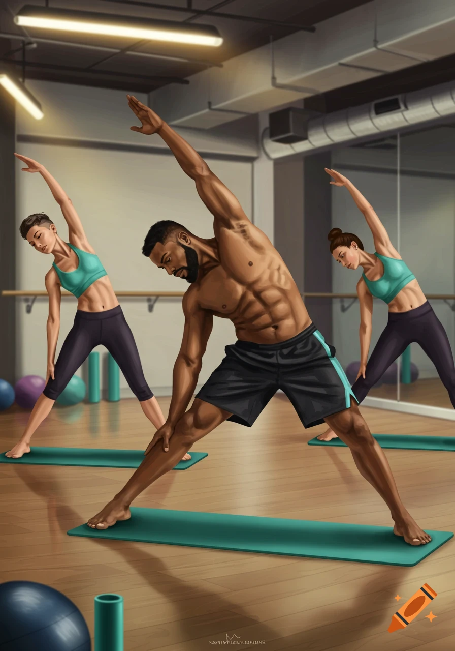 Three diverse people stretching and doing yoga poses on mats in a gym, depicted in a digital illustration style.