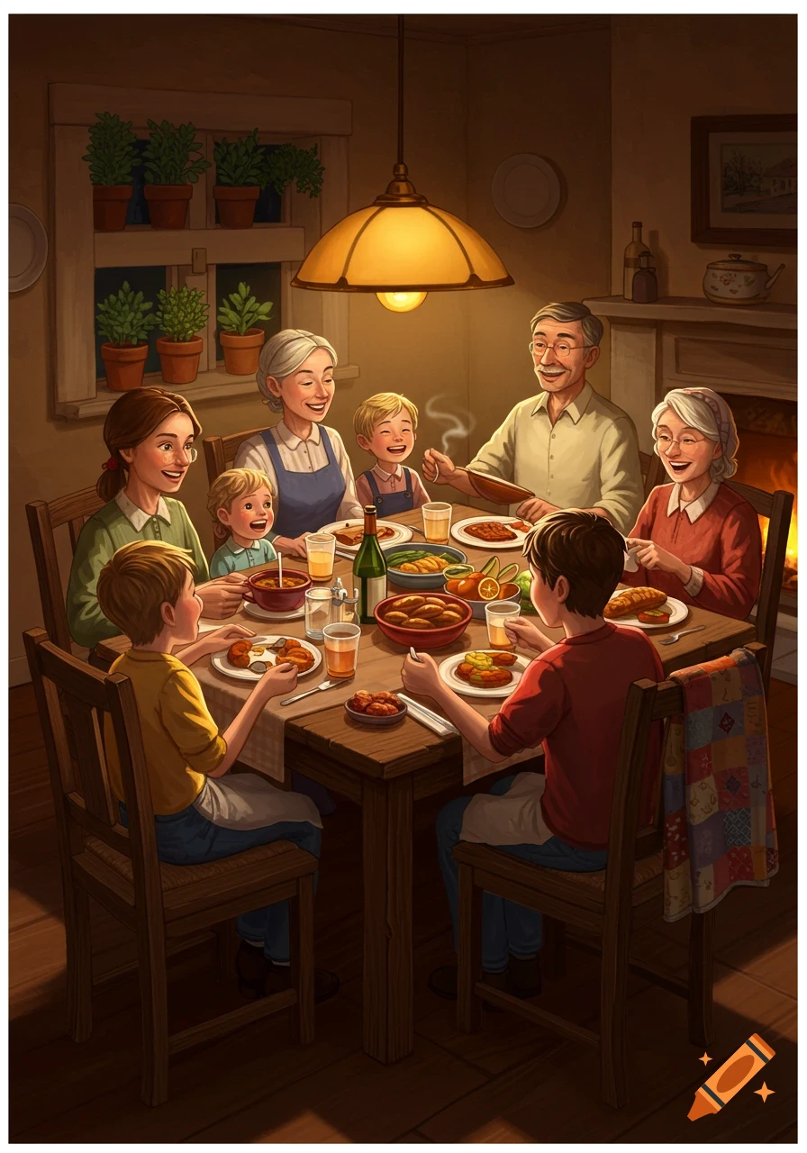A multi-generational family dines together at a wooden table under a warm lamp, in an illustrative style.