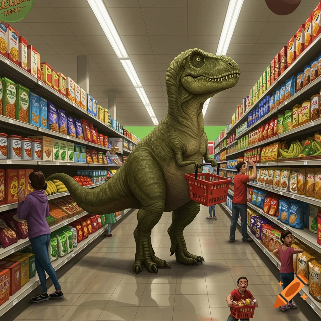 A large green Tyrannosaurus Rex pushes a red shopping basket down an aisle in a busy supermarket with humans.