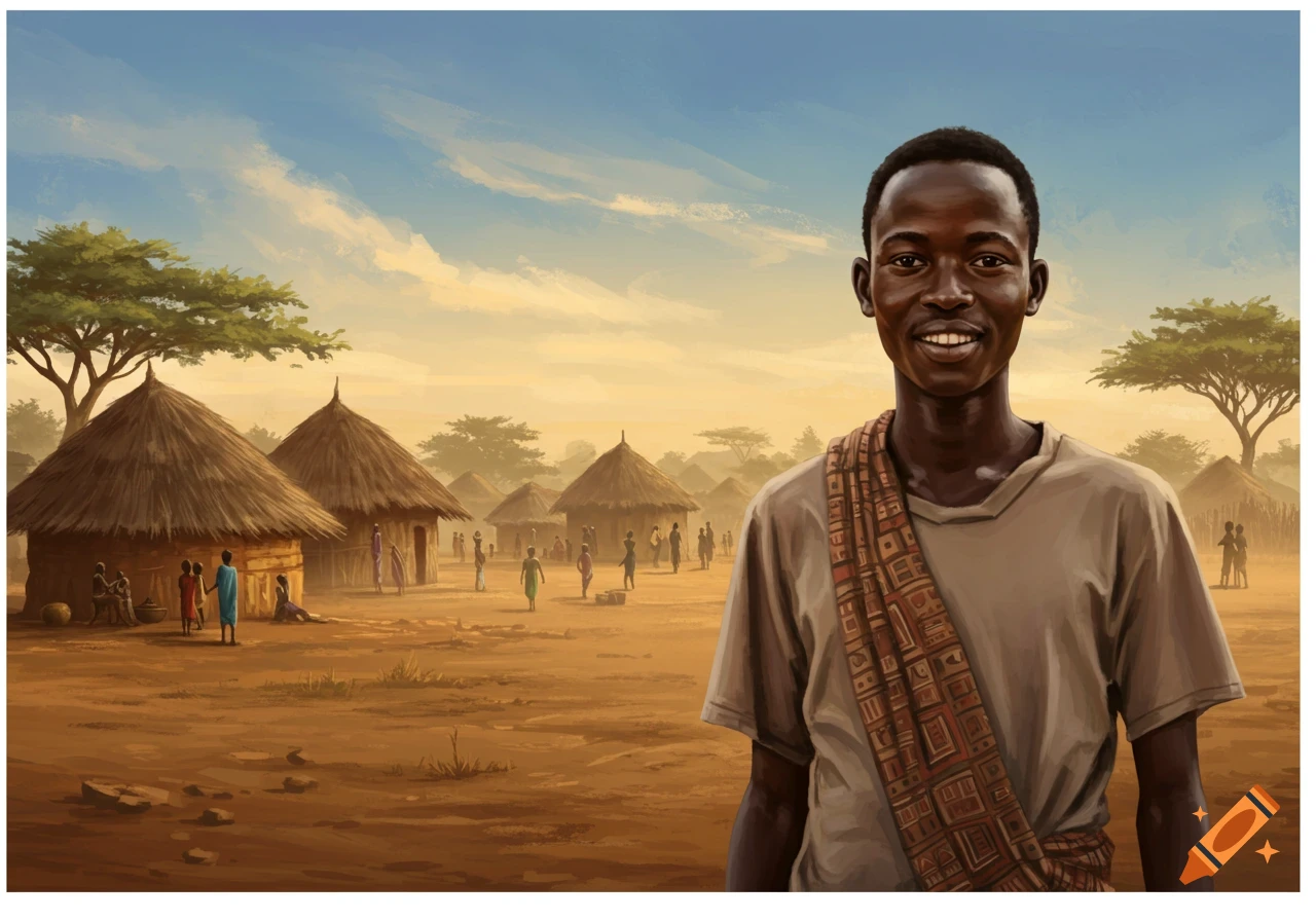 Smiling young Black man wearing a patterned sash, standing in an African village with thatched-roof huts and people, illustration.