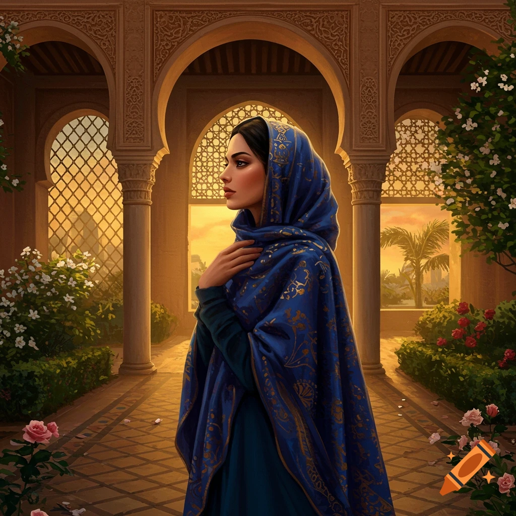 A woman in a blue head covering stands in an arched hallway with intricate patterns, looking towards a sunset garden.