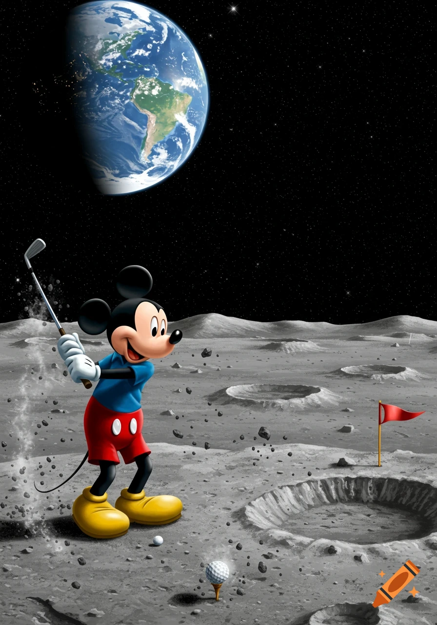 Mickey Mouse plays golf on the moon's cratered surface, hitting a glowing golf ball with Earth visible in the starry background.