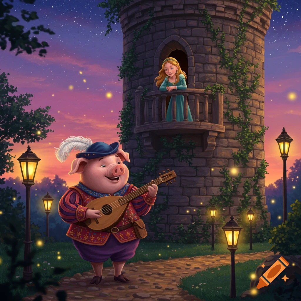 A cute minstrel pig plays a lute for a maiden looking from a tower balcony under a starry, twilight sky with fireflies.