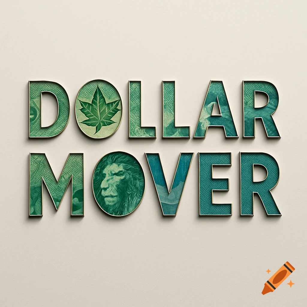 Green 3D text 'DOLLAR MOVER' with currency patterns. Cannabis leaf in DOLLAR's O, lion's head in MOVER's O.