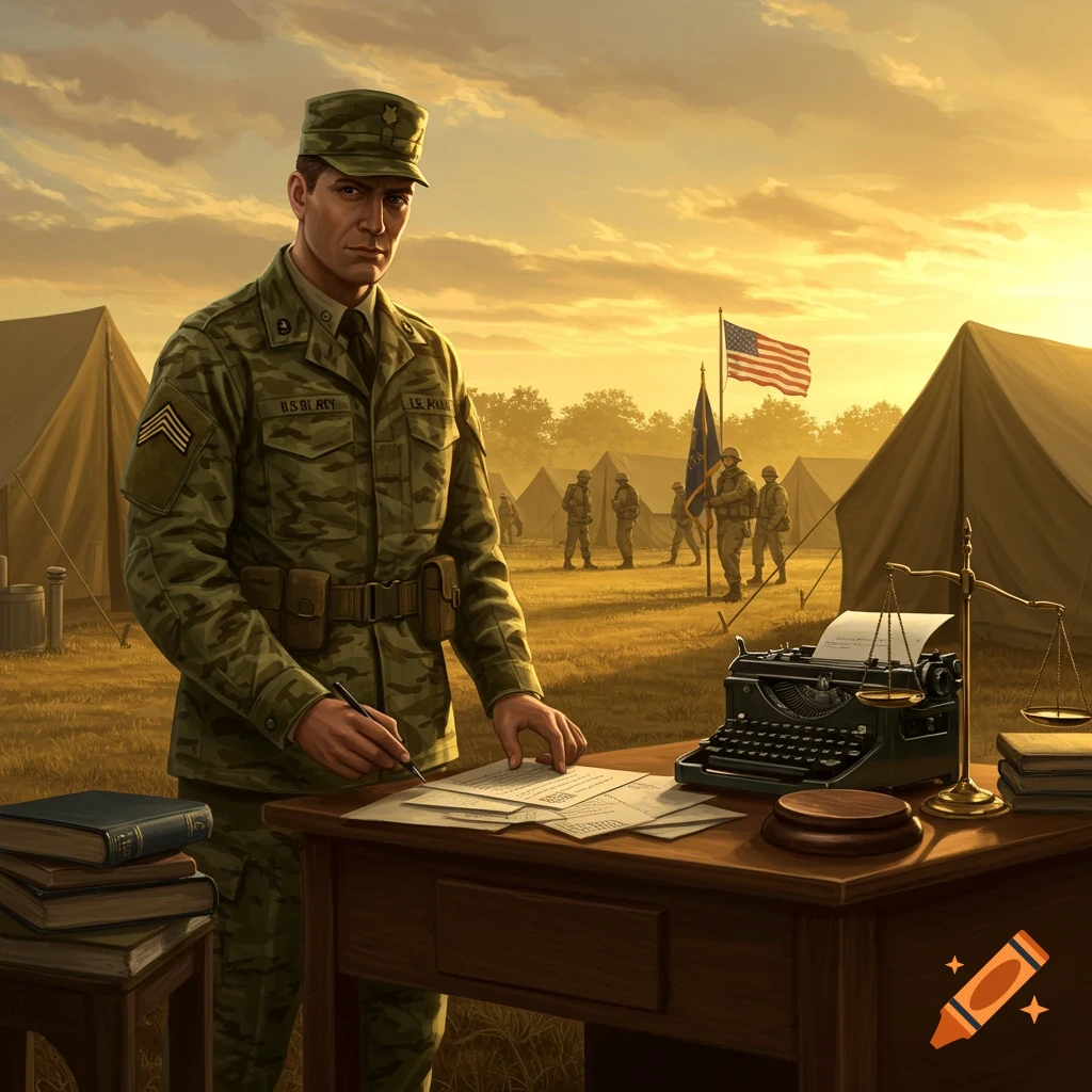A serious US Army lawyer in uniform signs documents at a desk in a military camp, with tents and soldiers in the background at sunset.