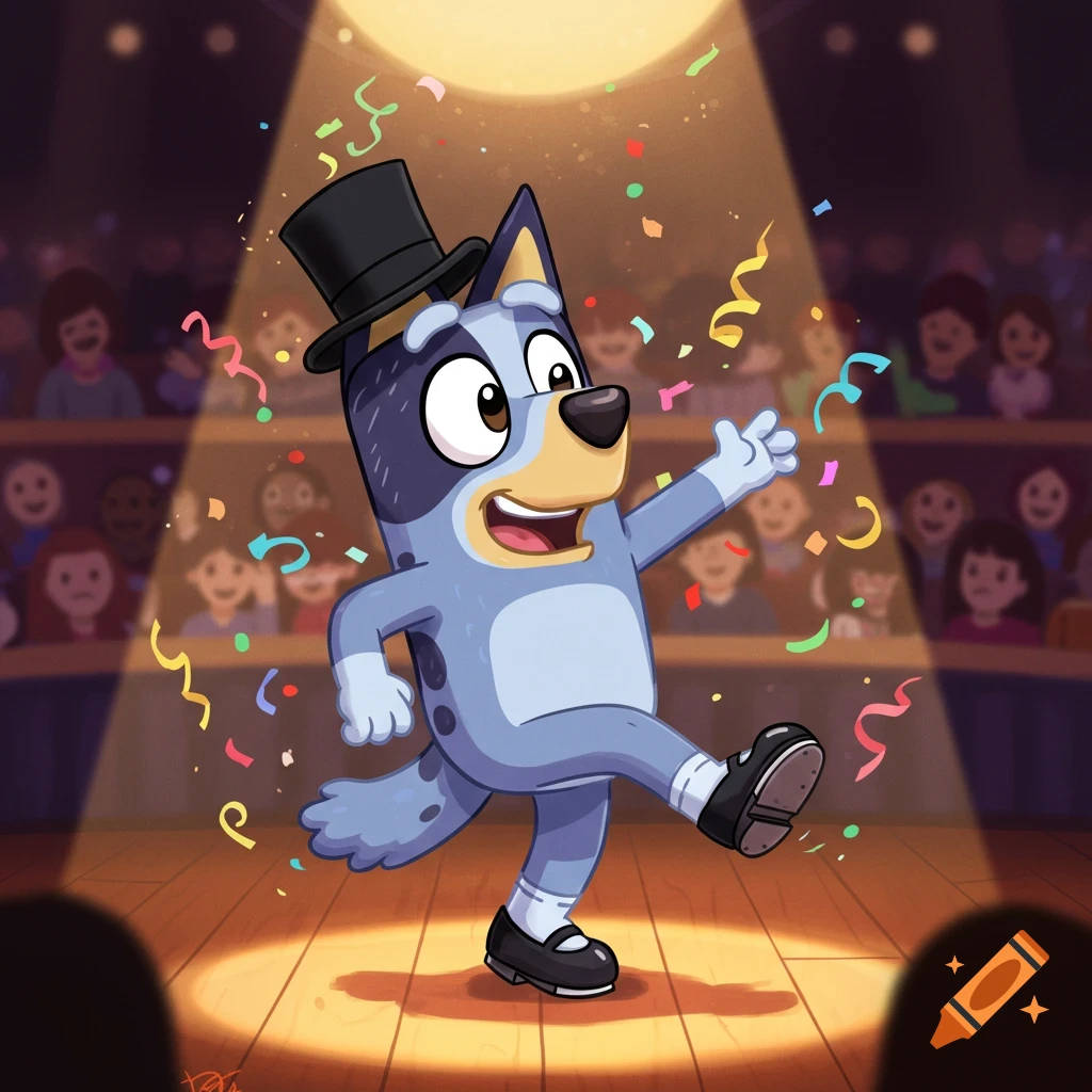 Bluey tap dances on a brightly lit stage, wearing a top hat and tap shoes, while colorful confetti falls around her, in front of a blurry audience.
