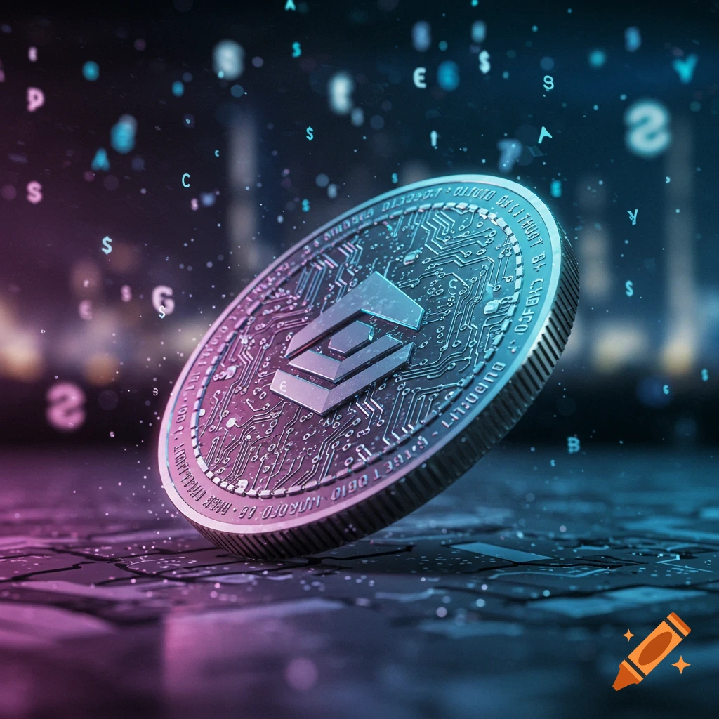 A futuristic, glowing silver cryptocurrency coin with circuit patterns, floating amidst digital numbers and dollar signs in a dark, neon pink and blue environment.