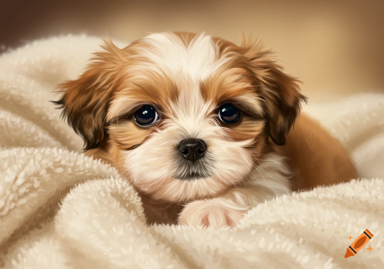 A cute Shih Tzu puppy with brown and white fur looks directly at the viewer, nestled in a soft, cream-colored blanket.