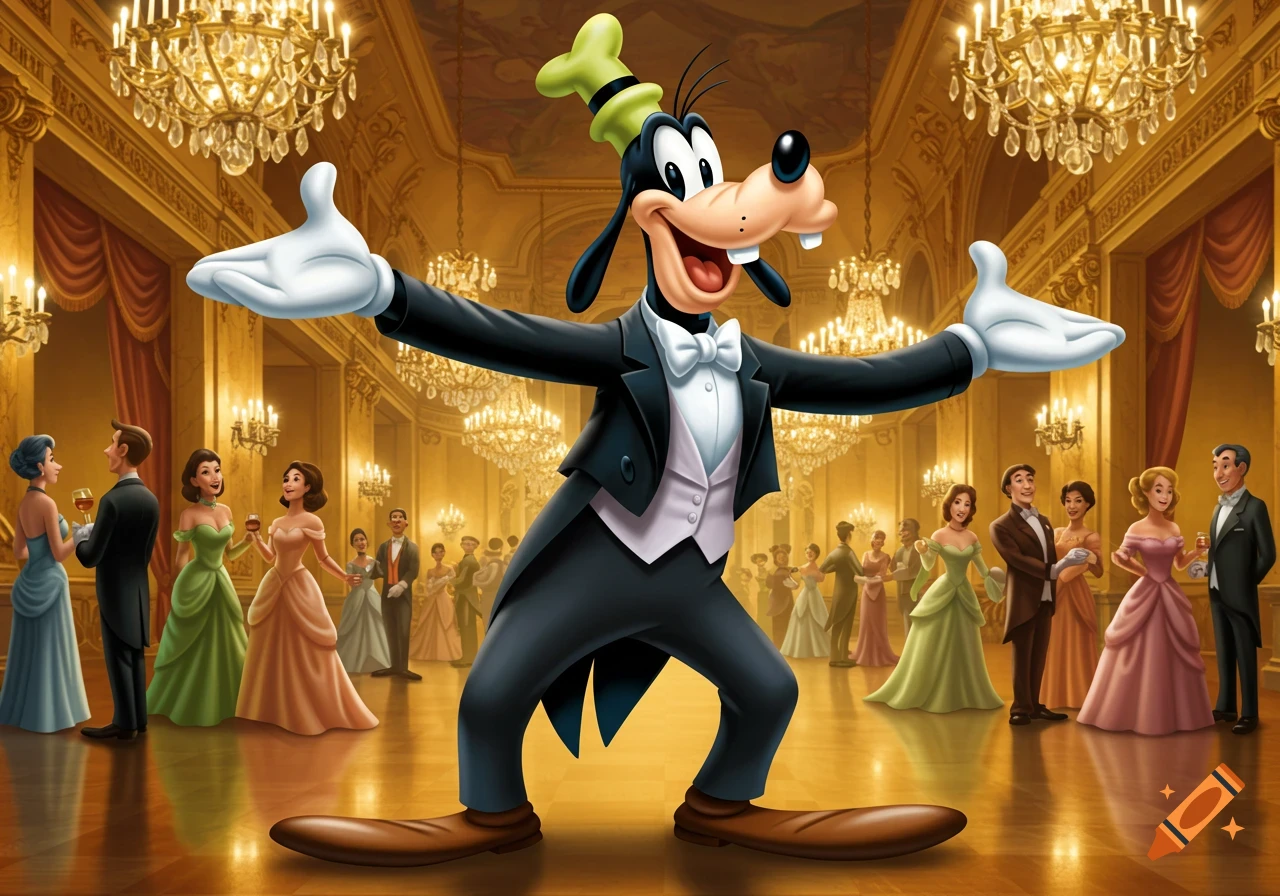Goofy in a black tuxedo and white bow tie stands with arms outstretched in a lavish ballroom filled with elegantly dressed people and chandeliers.