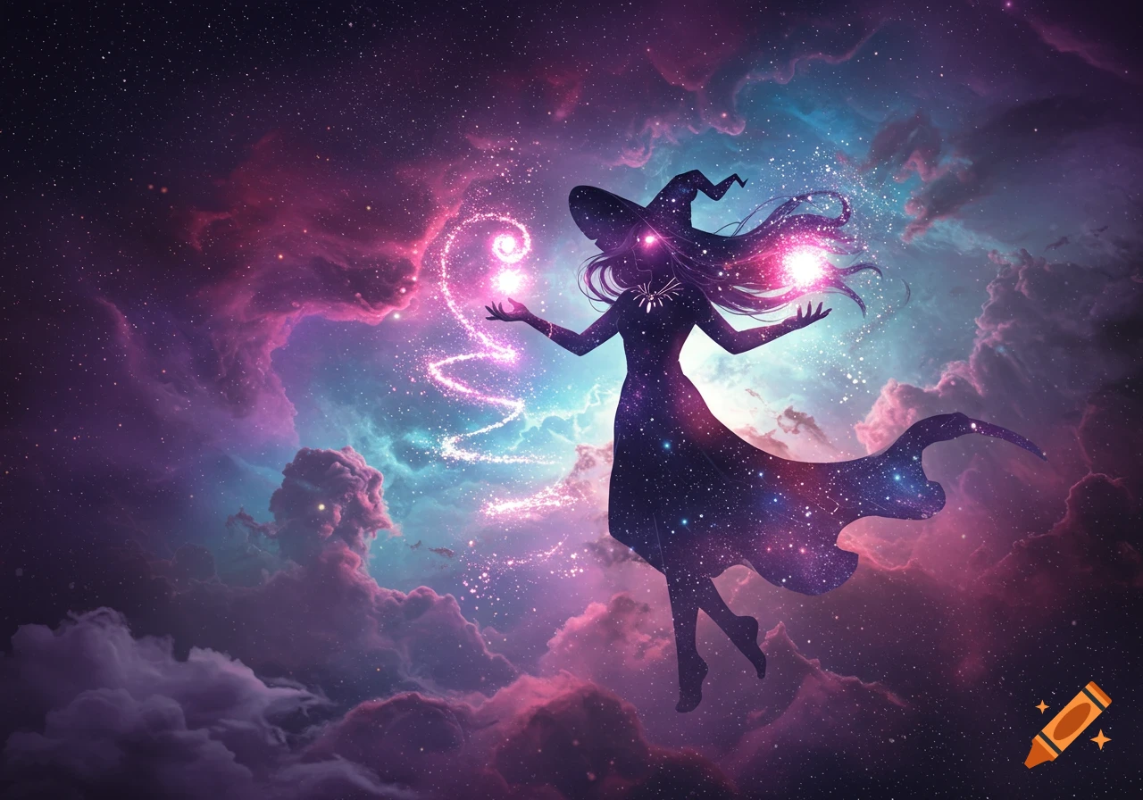 A cosmic silhouette of a witch, made of stars, floats in a vibrant pink and purple nebula, conjuring glowing magic.