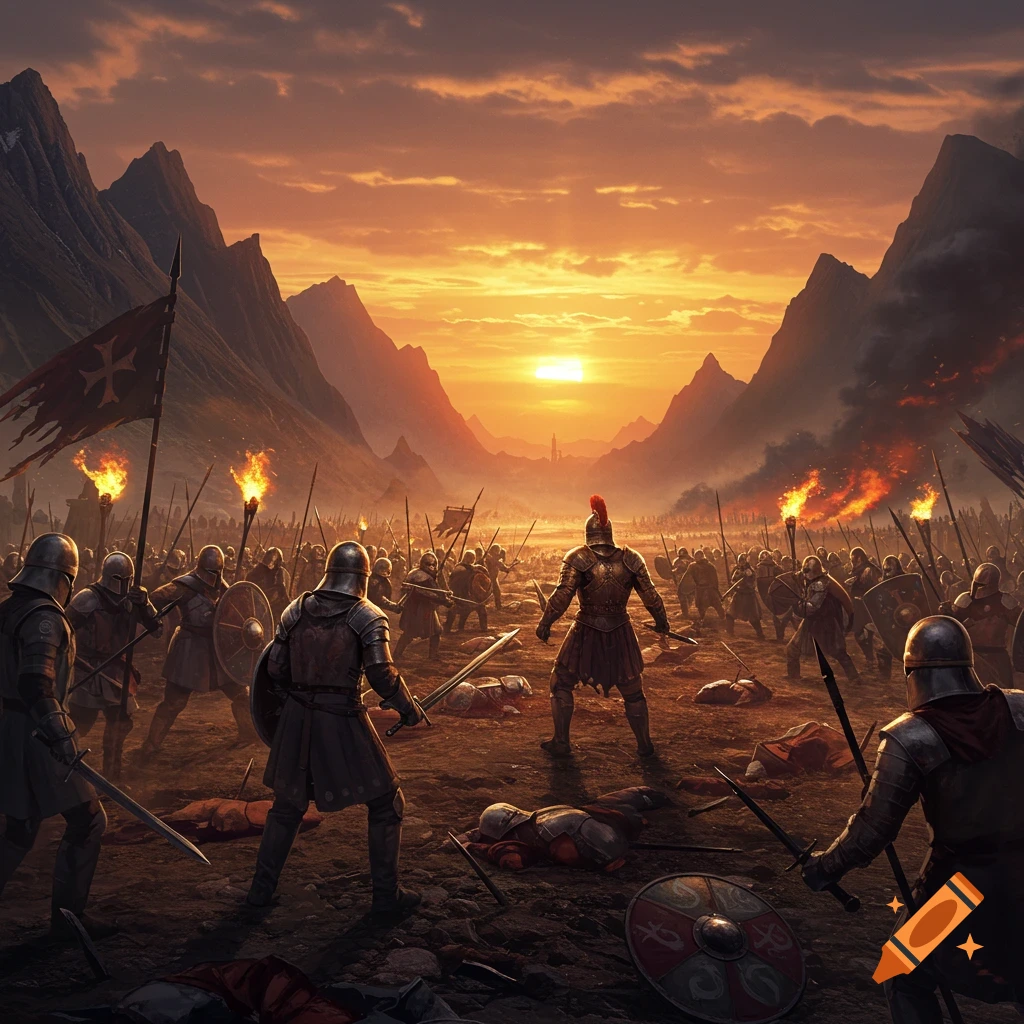 Armored soldiers stand on a dramatic, fiery battlefield at sunset with mountains in the background, depicting an epic war scene.