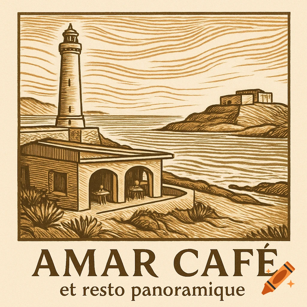 Woodcut style logo for Amar Caf é et Resto Panoramique featuring a lighthouse and coastal landscape.