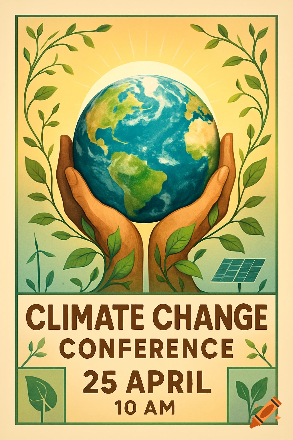 A vintage-style poster for a climate change conference, featuring hands holding a globe, surrounded by green leaves, with a sunrise background, a wind turbine and solar panels.