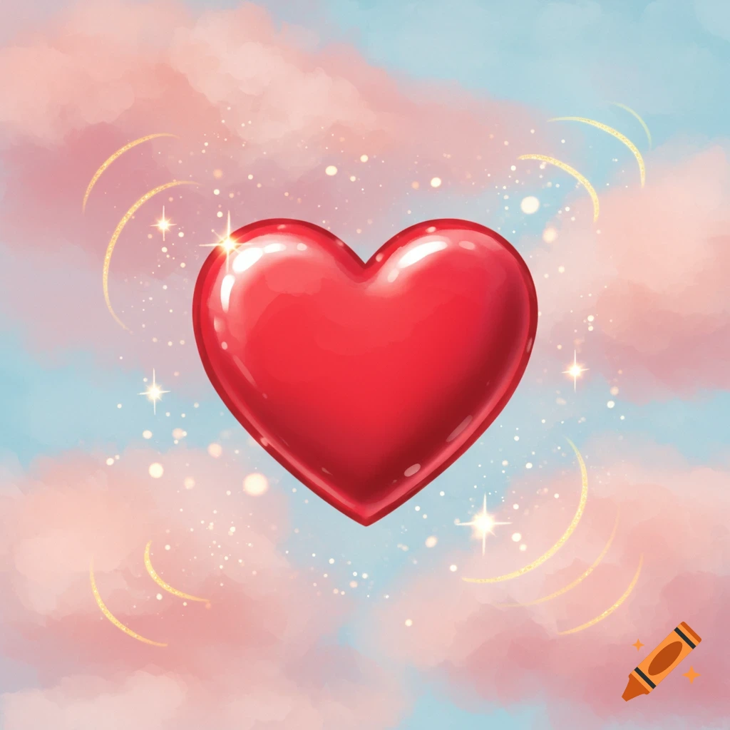 A shiny red heart floats in a pastel pink and blue cloudy sky with golden sparkles.