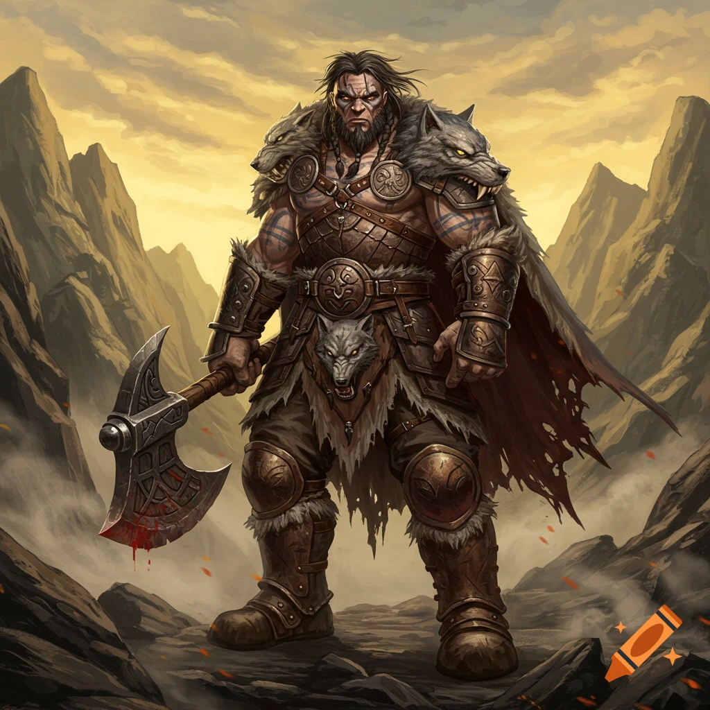 A muscular goliath barbarian in fur and leather armor, holding a bloody axe, stands in a rugged mountainous landscape.