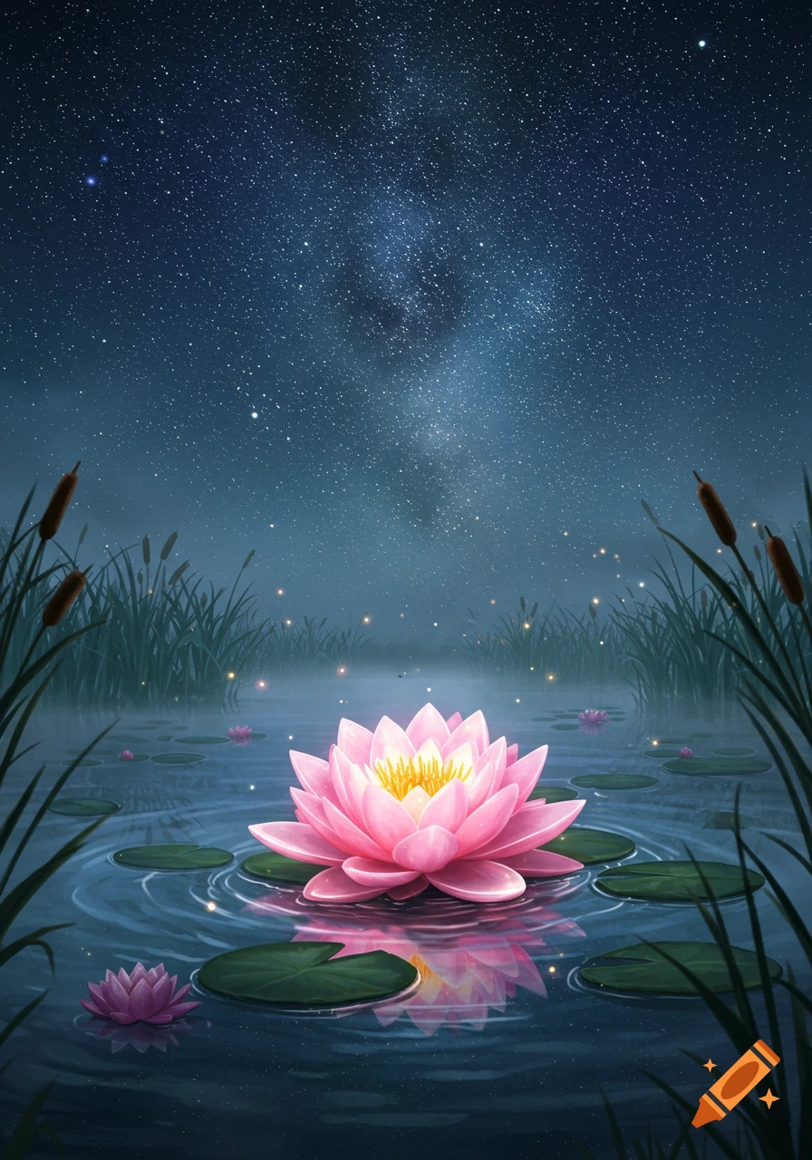 A vibrant pink lotus flower on a pond, surrounded by reeds under a dazzling starry night sky, with subtle mist and fireflies.
