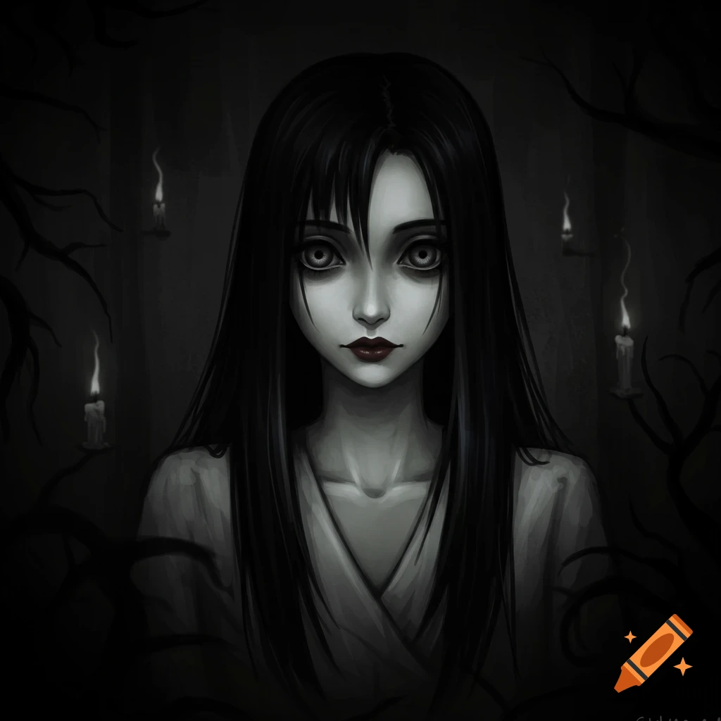 A pale, dark-haired woman with large, intense eyes and red lips stares from a shadowy, gothic scene with candles and twisted branches.