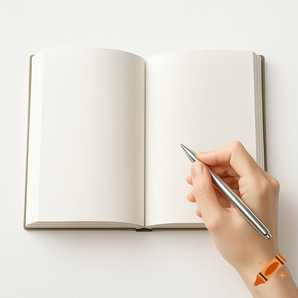 A fair-skinned hand holds a sleek silver pen poised over a blank open notebook with olive green covers, on a clean white background.