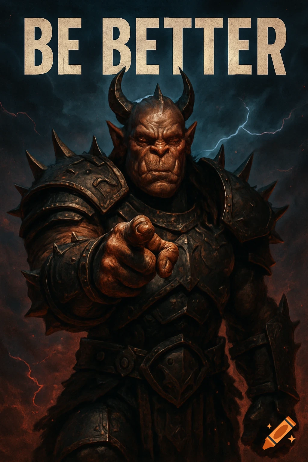 An armored, horned orc-like warrior points directly at the viewer under the bold text 'BE BETTER', against a stormy sky.