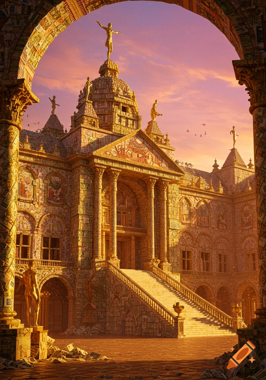 A grand palace made of money and gold, adorned with golden statues, under a vibrant sunset sky.