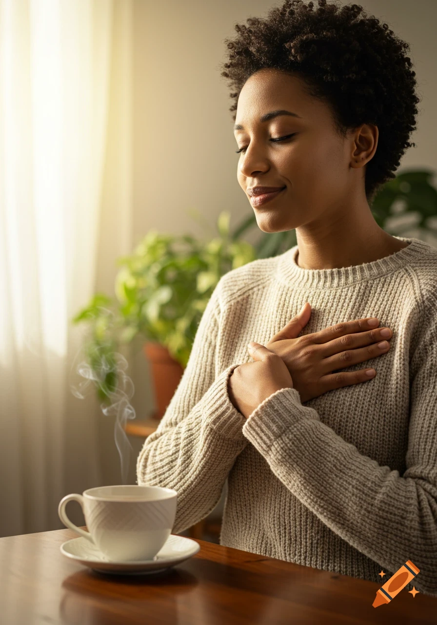 A serene woman with curly hair places her hands over her heart, eyes closed, beside a steaming cup of tea.
