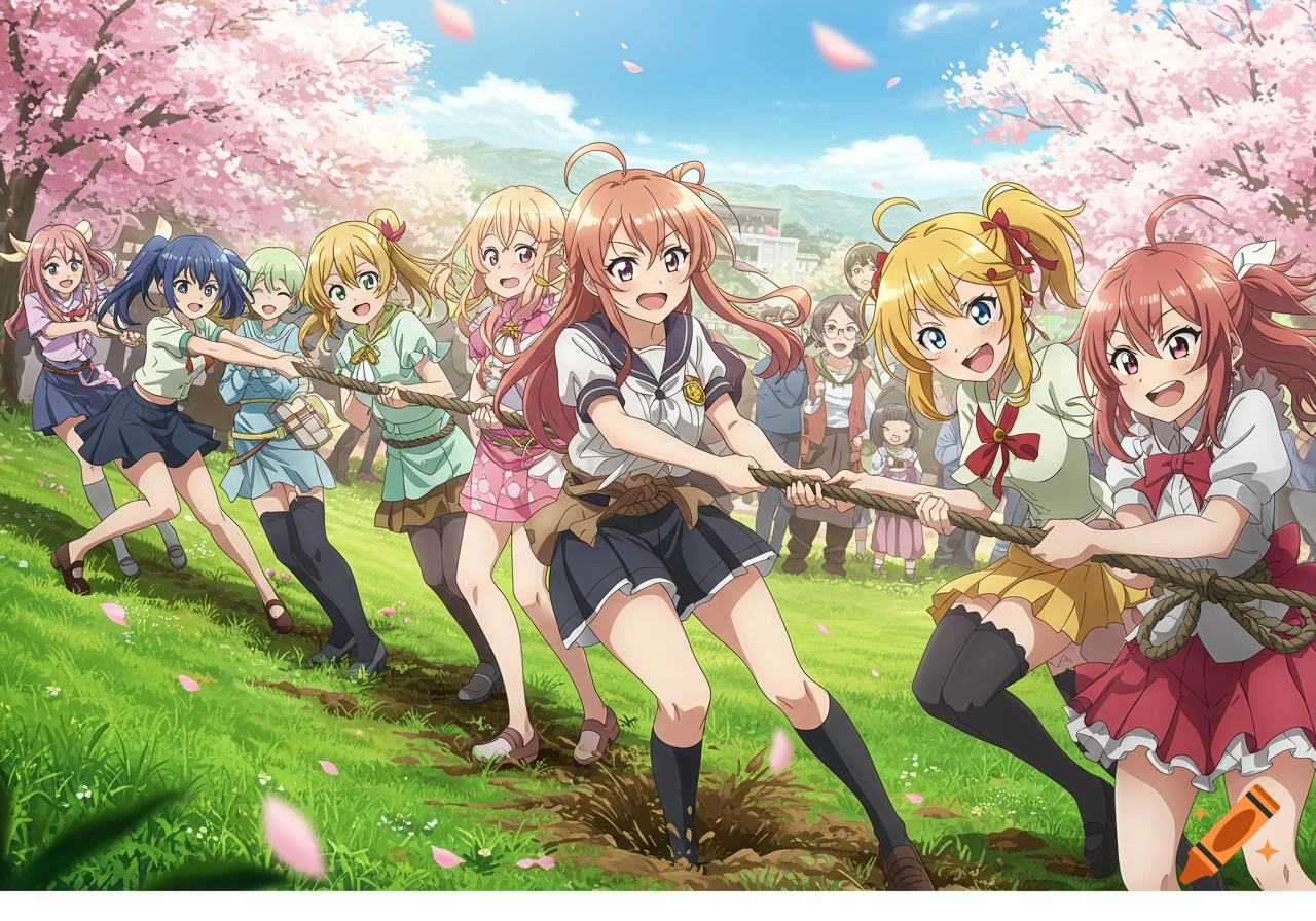 Anime girls play tug-of-war on a grassy hill under cherry blossoms, with spectators in the background.