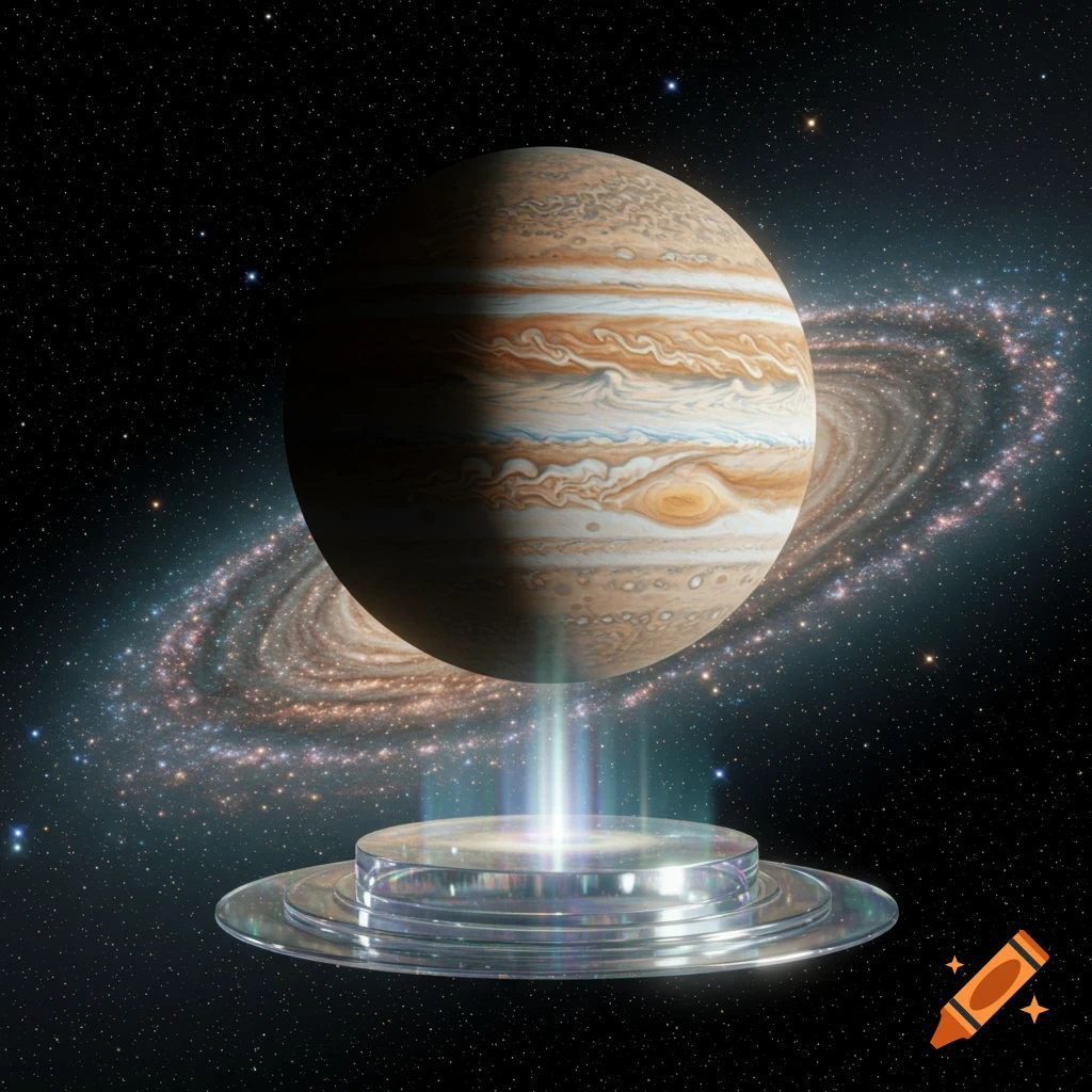 A photorealistic depiction of Jupiter floating above a glowing clear podium in deep space, with a swirling galaxy in the background.