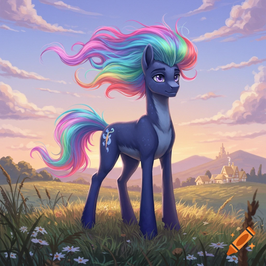 A stylized dark blue pony with a flowing rainbow mane and tail stands in a vibrant field of green grass and white flowers under a cloudy sunset sky, with a distant castle and houses.