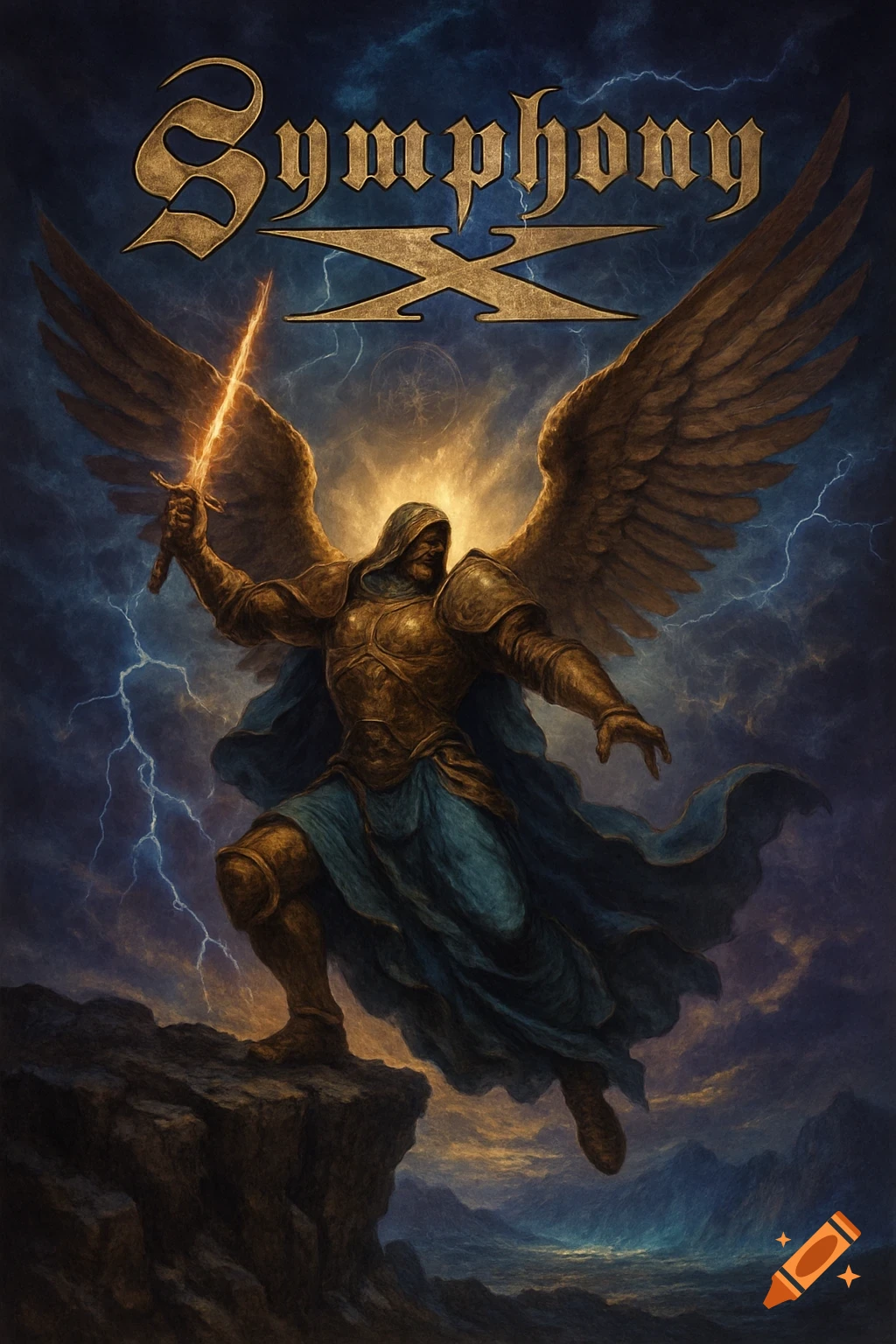 A winged warrior in golden armor with a glowing sword stands on a cliff under a stormy sky with lightning. The text 'Symphony X' is at the top.
