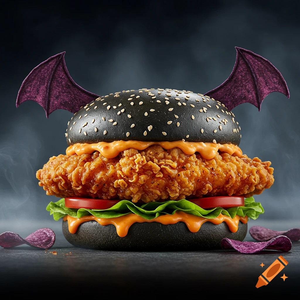 A photorealistic Halloween burger with black buns, a crispy fried chicken patty, orange sauce, lettuce, and tomatoes, adorned with purple bat wings, on a dark, smoky surface with purple chips.