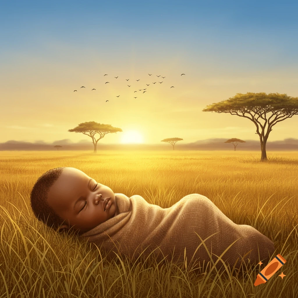 An African baby wrapped in a blanket sleeps peacefully in a sun-drenched savanna field with acacia trees and birds in the sky at sunset, digital art.